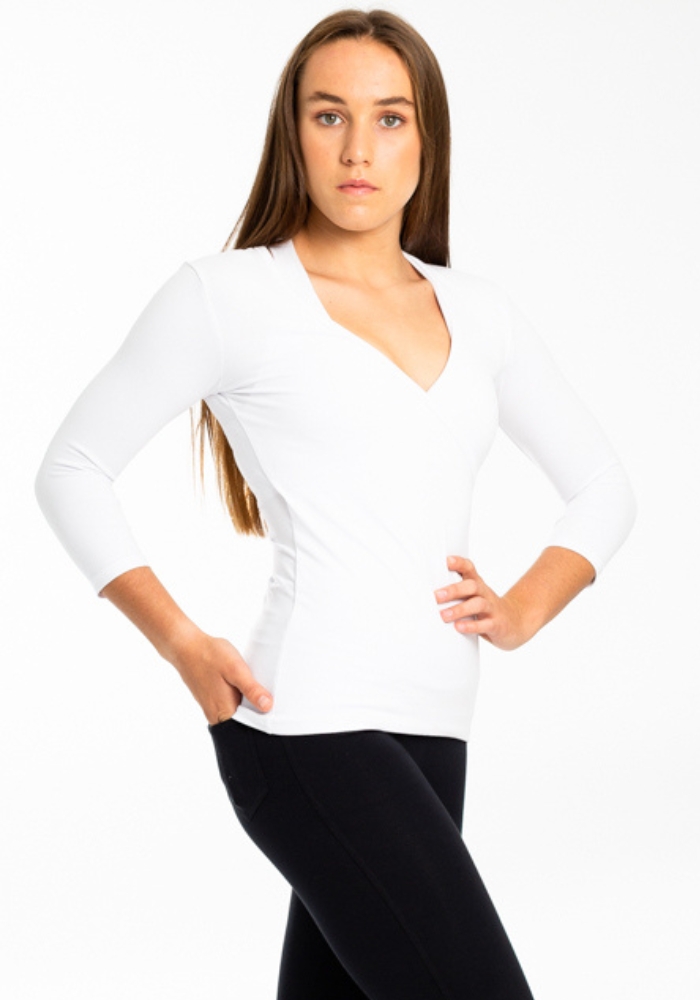 Shakti-Shanti-Cotton-Spandex-Theequarter-Sleeve-Cross-Over-Top-White-2 The Vesta Three Quarter Sleeve Cross Over | Graceful Support - Near Perfect - Image 1