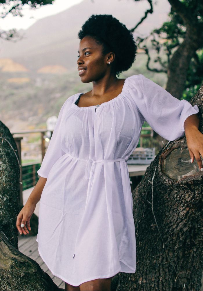 AC806 White Linen Blend Linen Blended Mantra Dress | Fabulously Feminine - Image 1