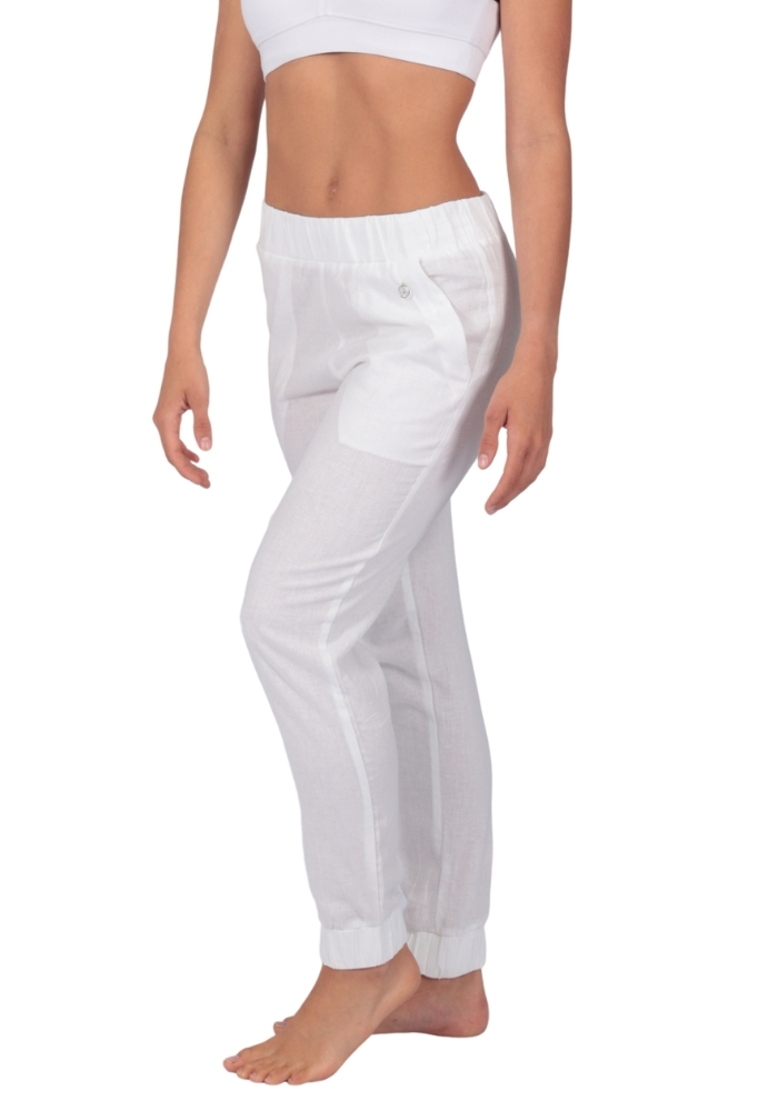 Shakti-Shanti-Spanish-Viscose-Linen-Blend-Pocket-Track-Pants-PL885-White-4 Linen Blend Balance Tapered Leg Track Pants | Calm Luxury - NEAR PERFECT - Image 1