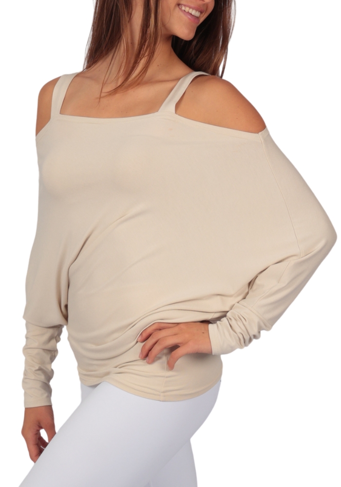 Shakti-Shanti-Off-Shoulder-Drap-with-Shoulder-Straps-RTL105-Beach-Sand-2 Asymmetrical Off Shoulder Top with Straps | Effortless Elegance - Near Perfect - Image 1