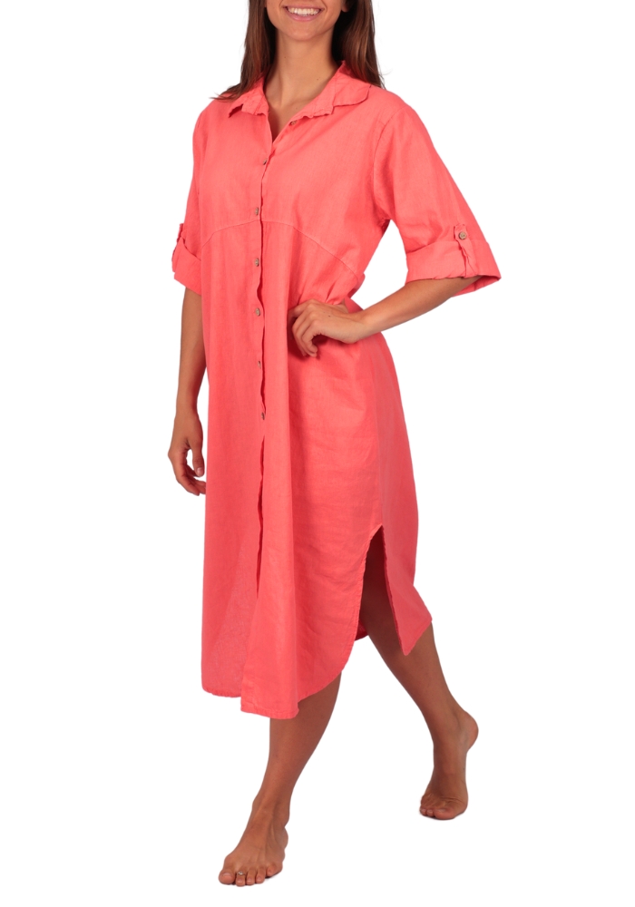 Violetta-Dress-by-Marta-du-Château-in-Coral-PC5149 Violetta Dress by Marta du Château | Coral Linen Blend Dress - Image 1